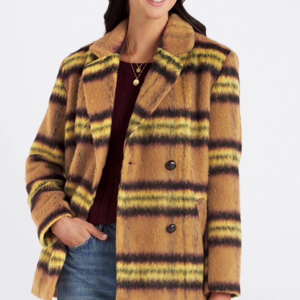 Vigoss Plaid Double‎ Breasted Peacoat Lemon, Brushed Polished Checks Preppy NWT